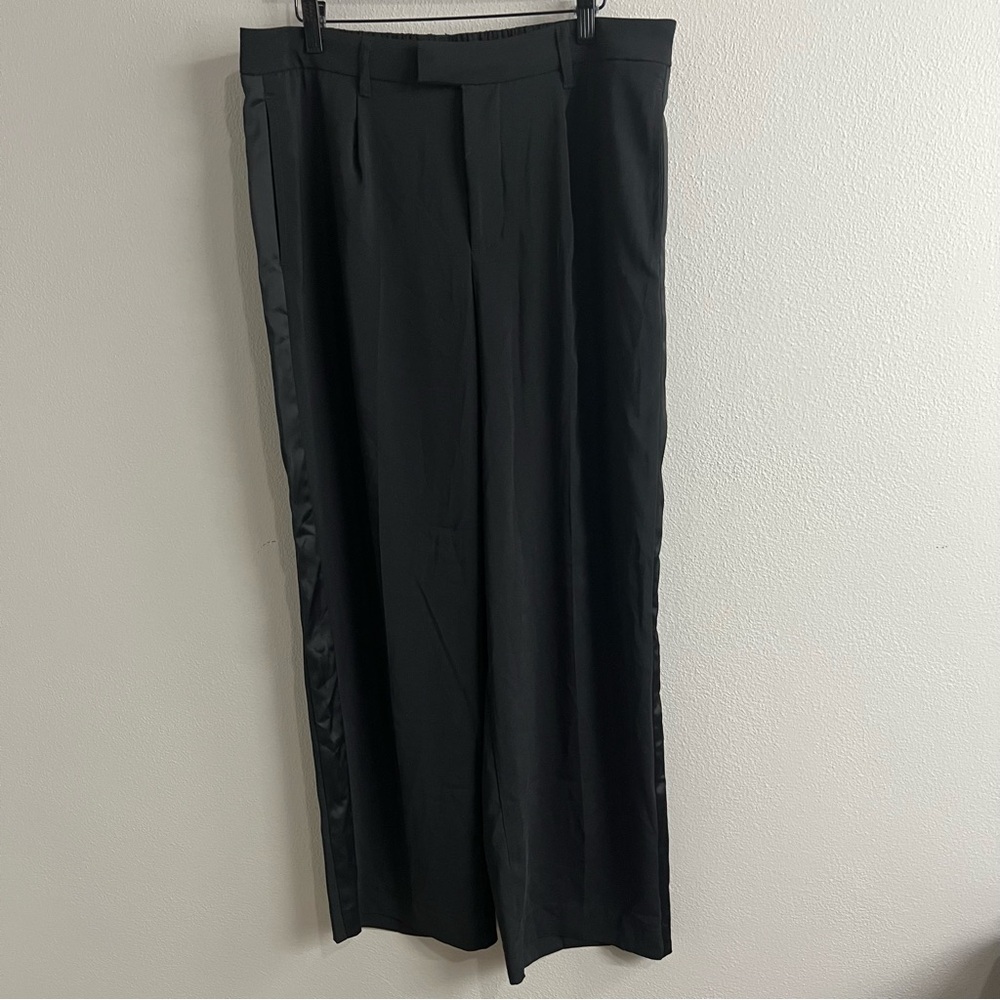 A New Day Womens Black Satin Side Stripe Tuxedo Pants Wide Leg High Rise Size 12